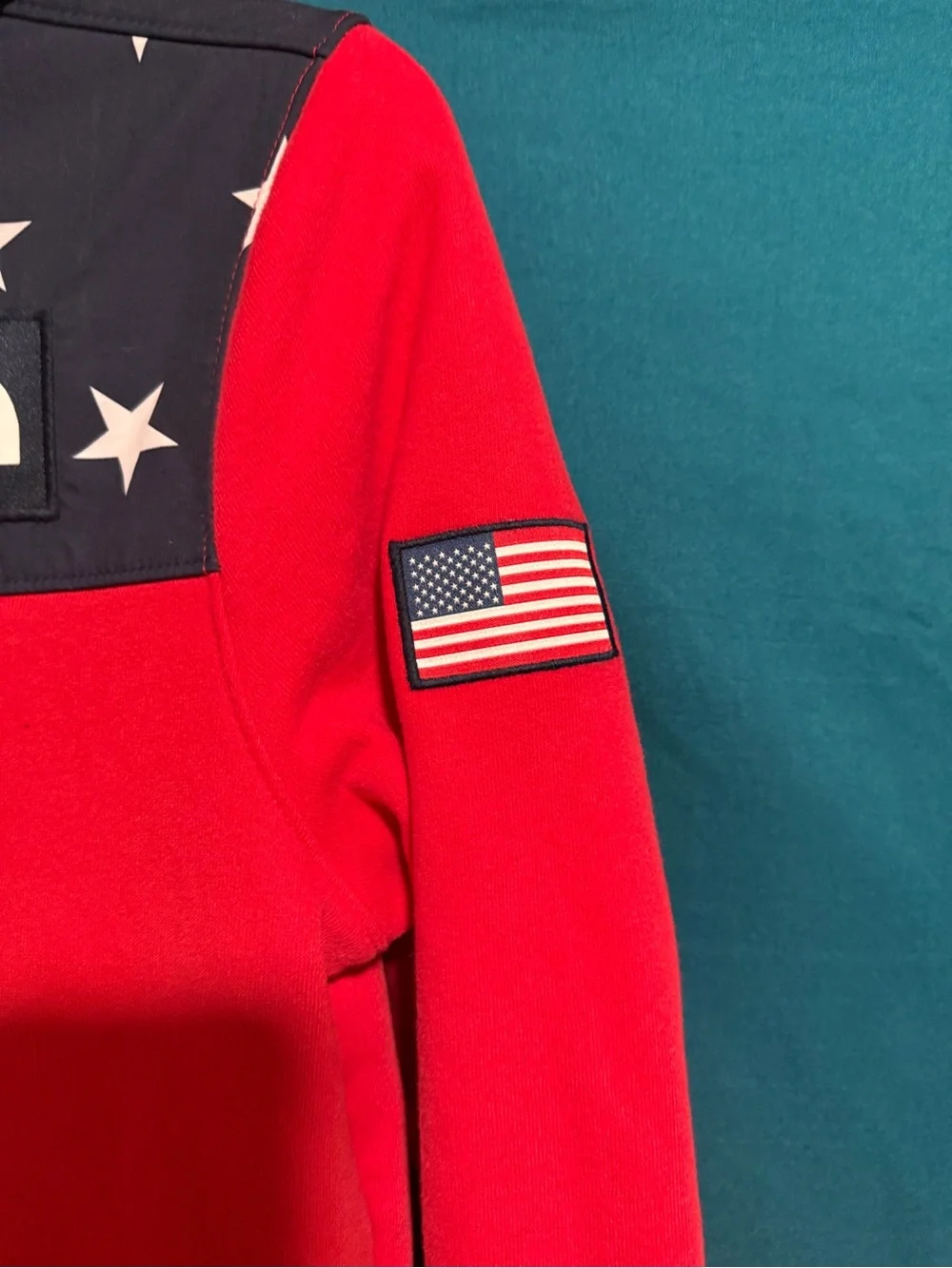 The North Face 2018 Olympic, Red Fleece Hoodie with Navy Star Yoke